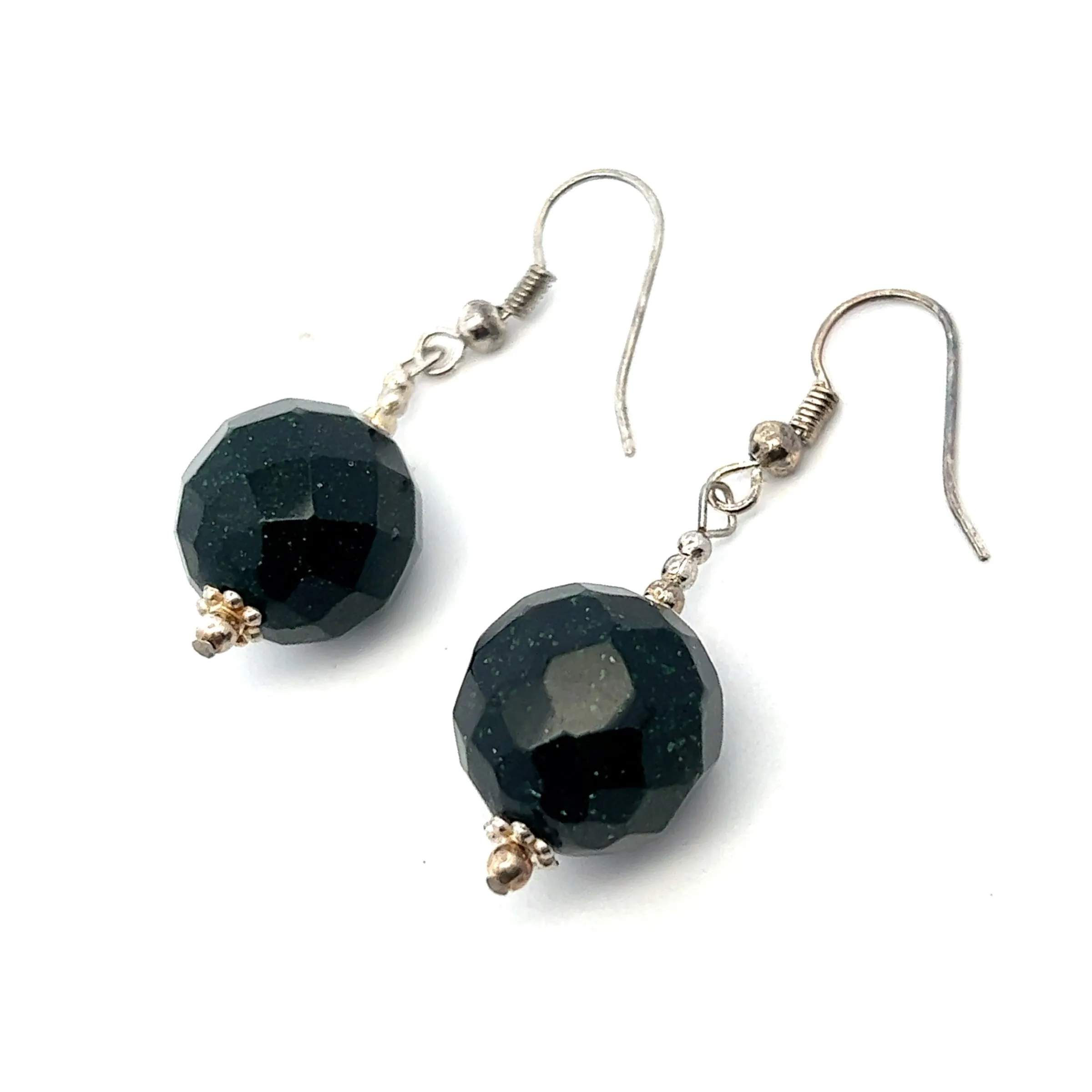Dark Green Sandstone 14mm Ball Facet Dangle Gemstone Earrings