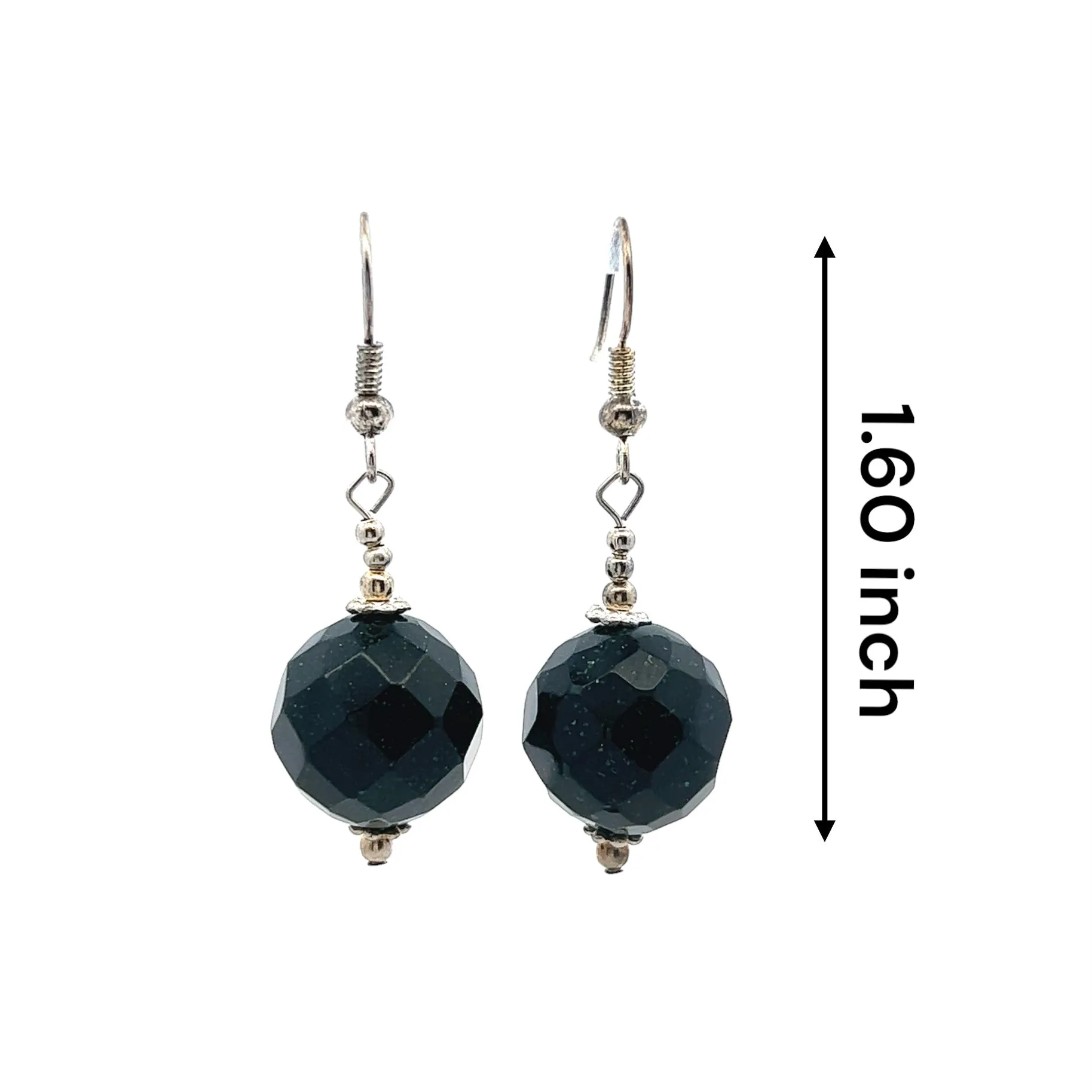 Dark Green Sandstone 14mm Ball Facet Dangle Gemstone Earrings