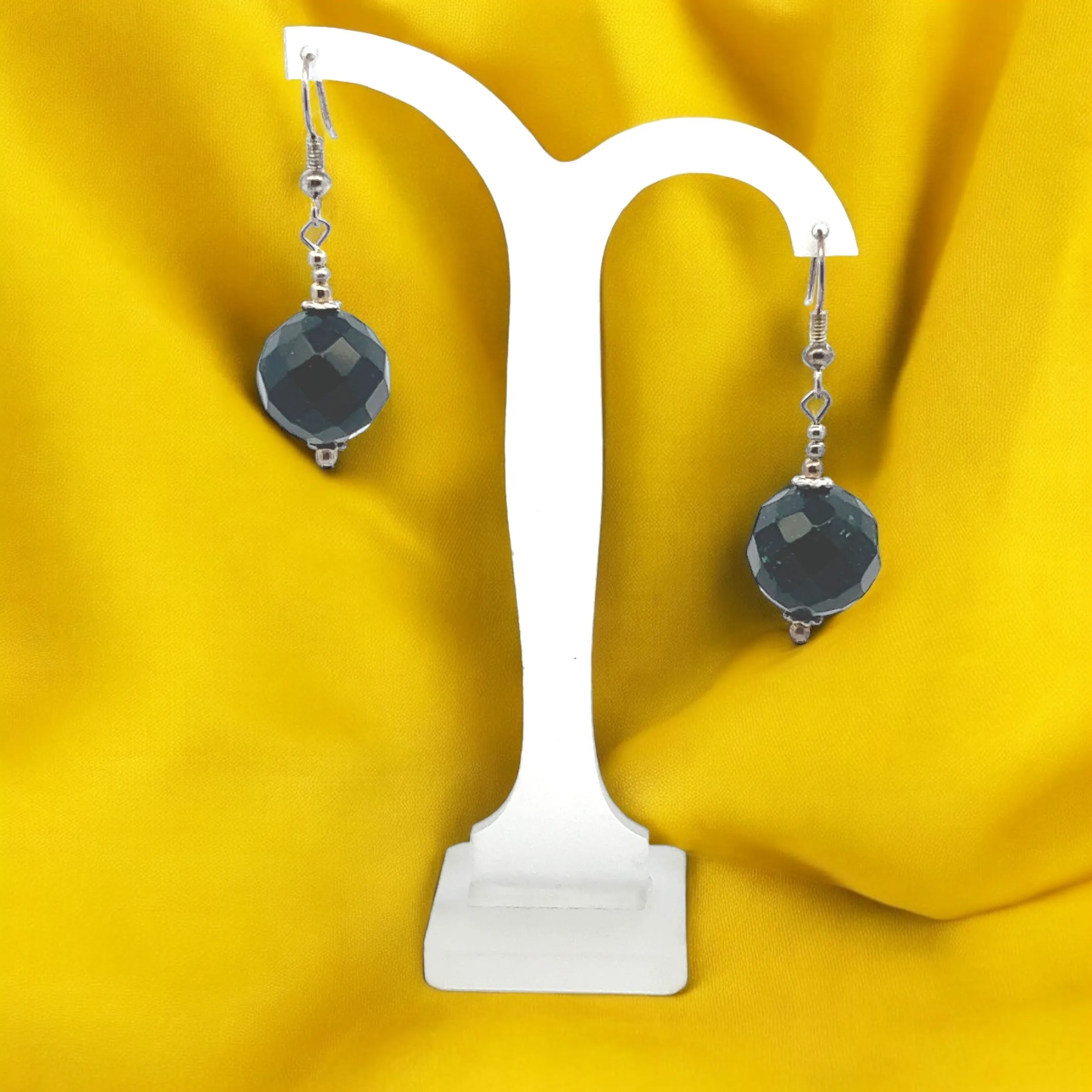 Dark Green Sandstone 14mm Ball Facet Dangle Gemstone Earrings