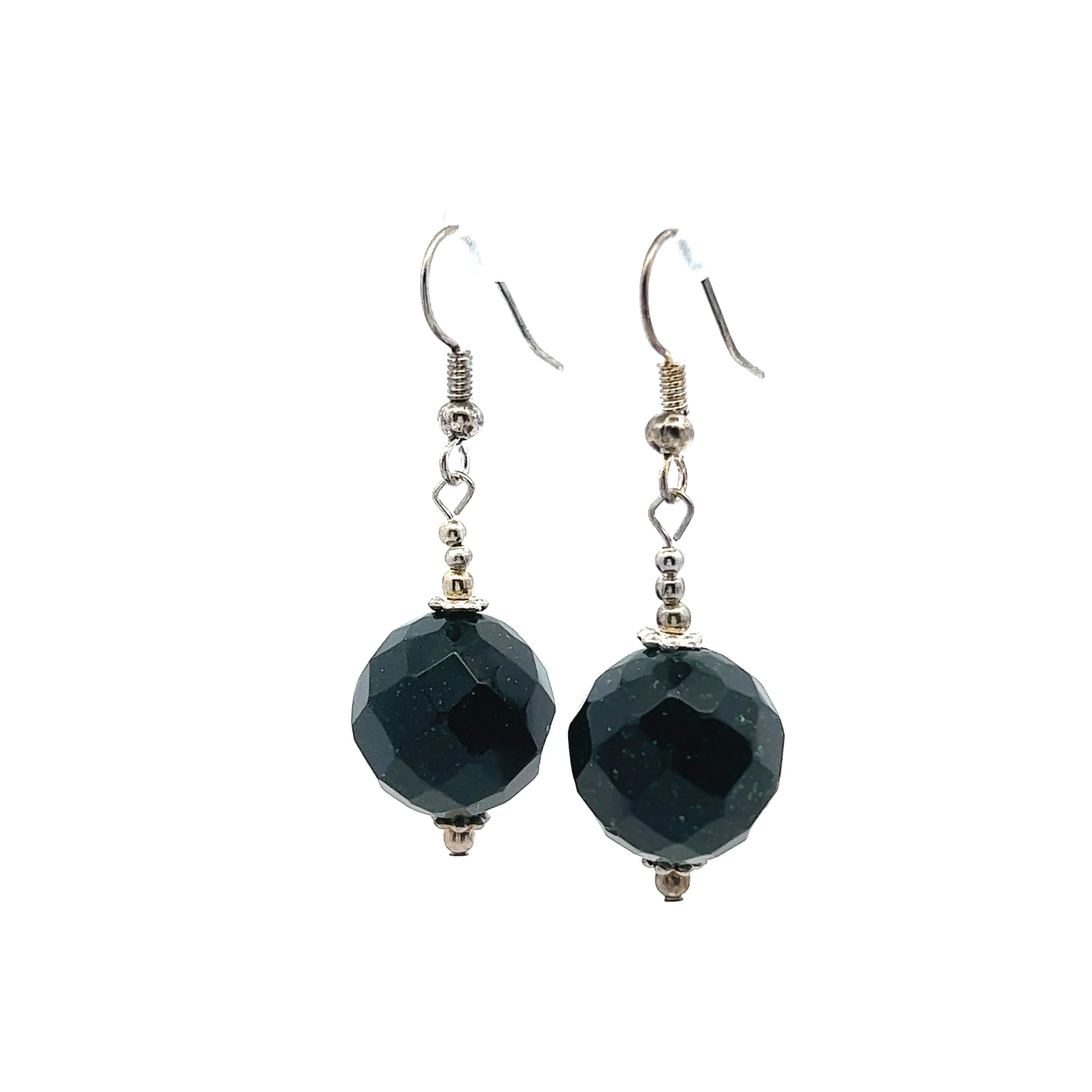 Dark Green Sandstone 14mm Ball Facet Dangle Gemstone Earrings