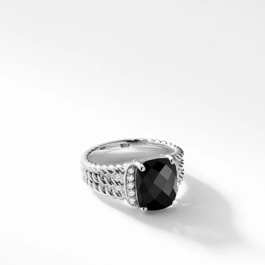 David Yurman Petite Wheaton Ring with Black Onyx and Diamonds - Size 7