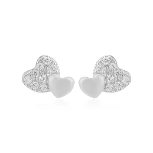 Duo Heart Rhodium Plated Stone Sleek Studs