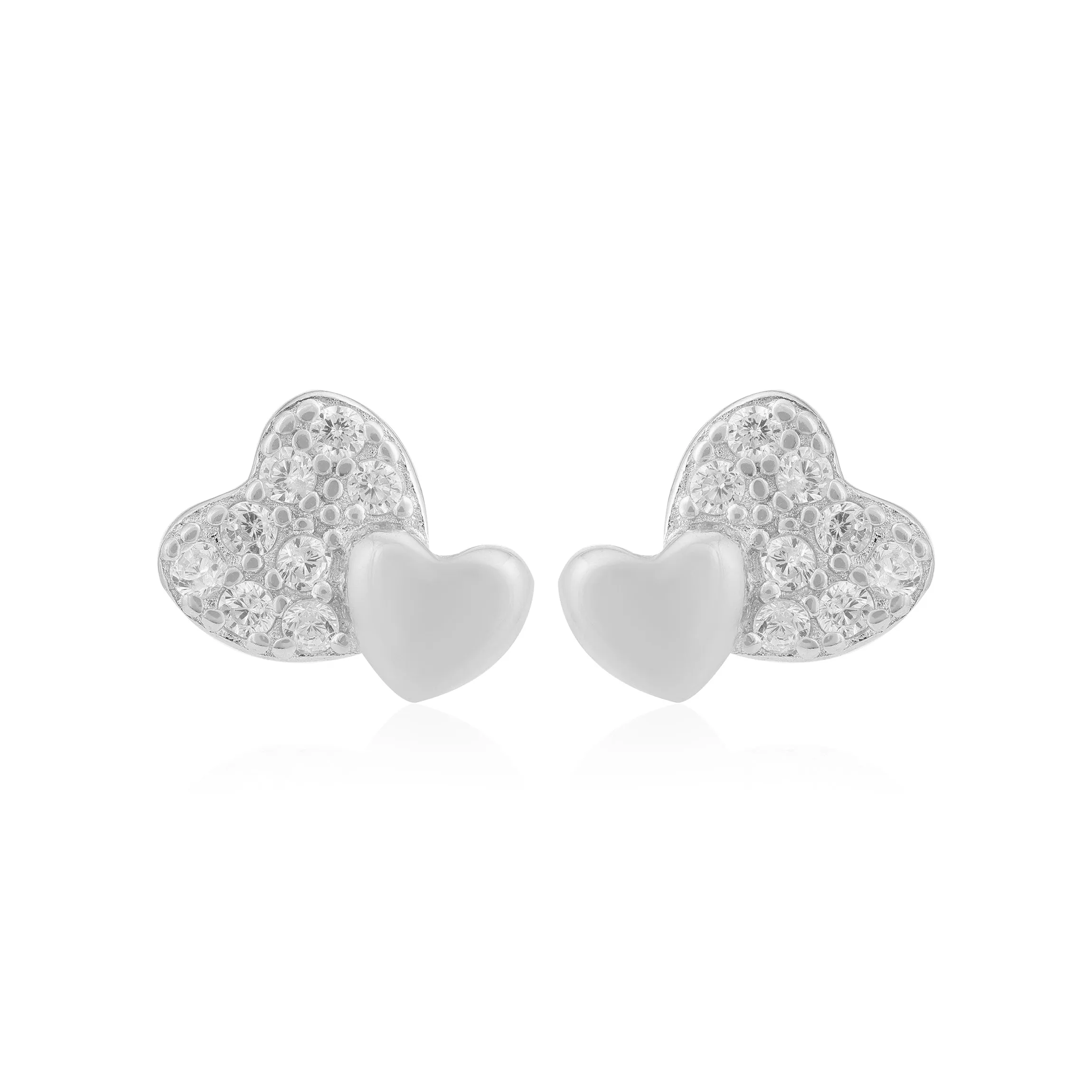 Duo Heart Rhodium Plated Stone Sleek Studs
