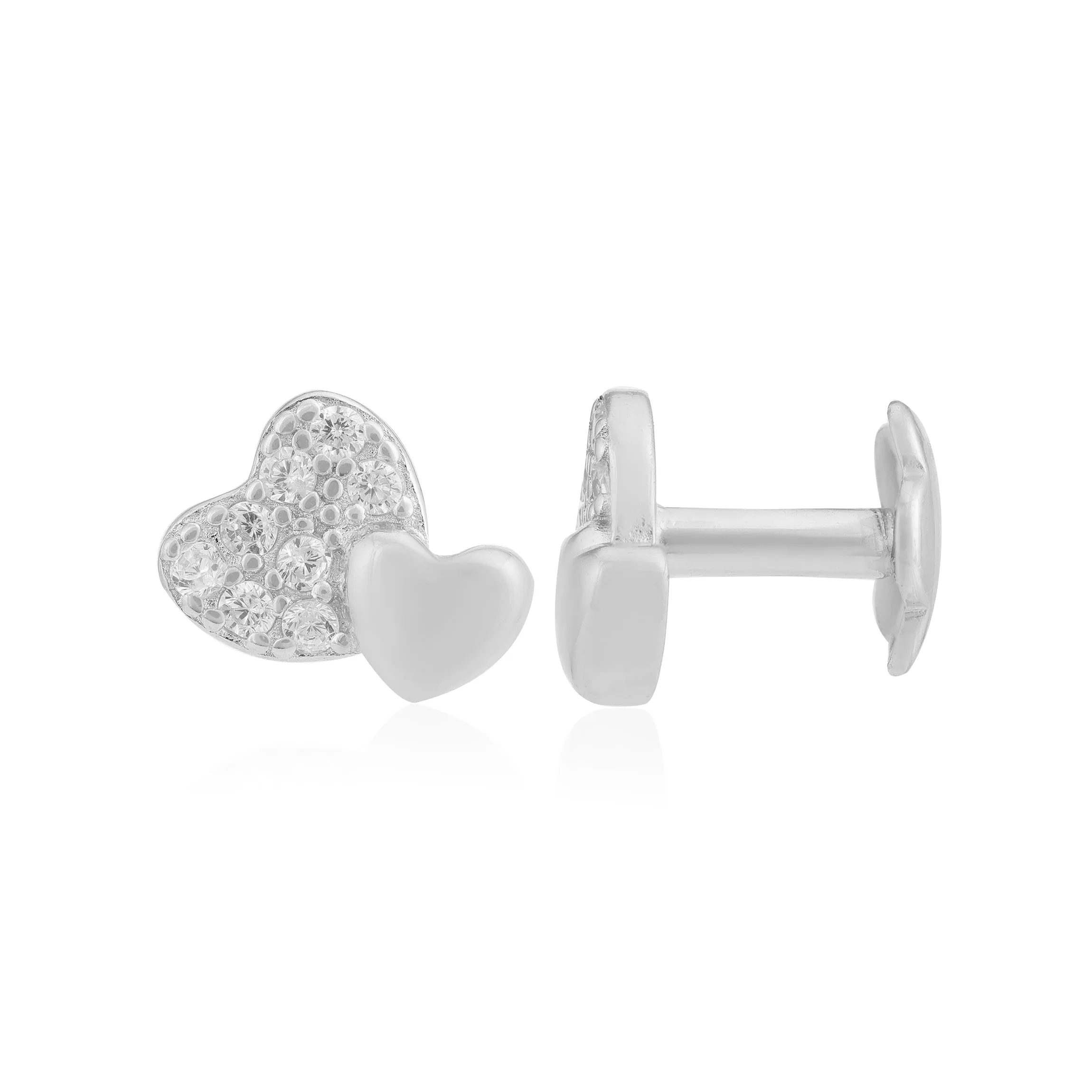 Duo Heart Rhodium Plated Stone Sleek Studs