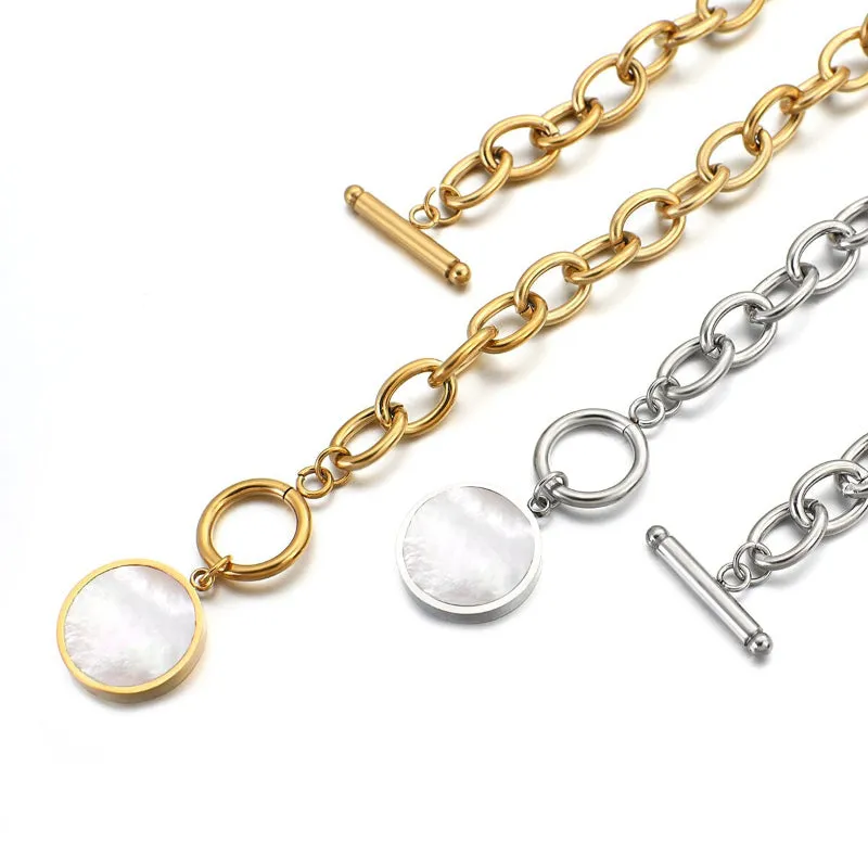 Edgy Fashion Thick Chain with Round Shell Pendant Necklaces