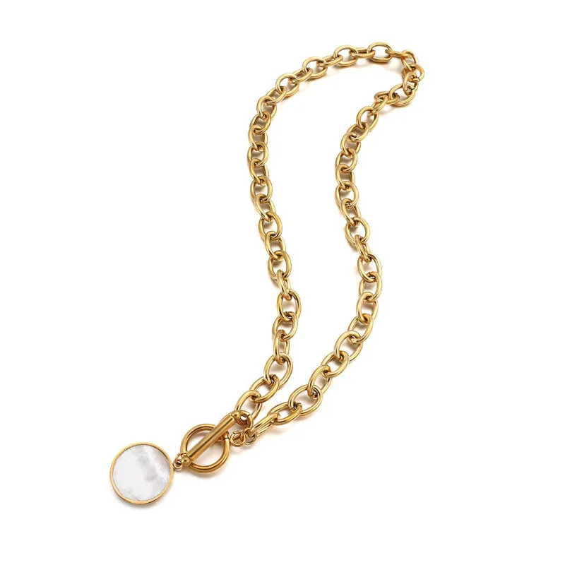 Edgy Fashion Thick Chain with Round Shell Pendant Necklaces
