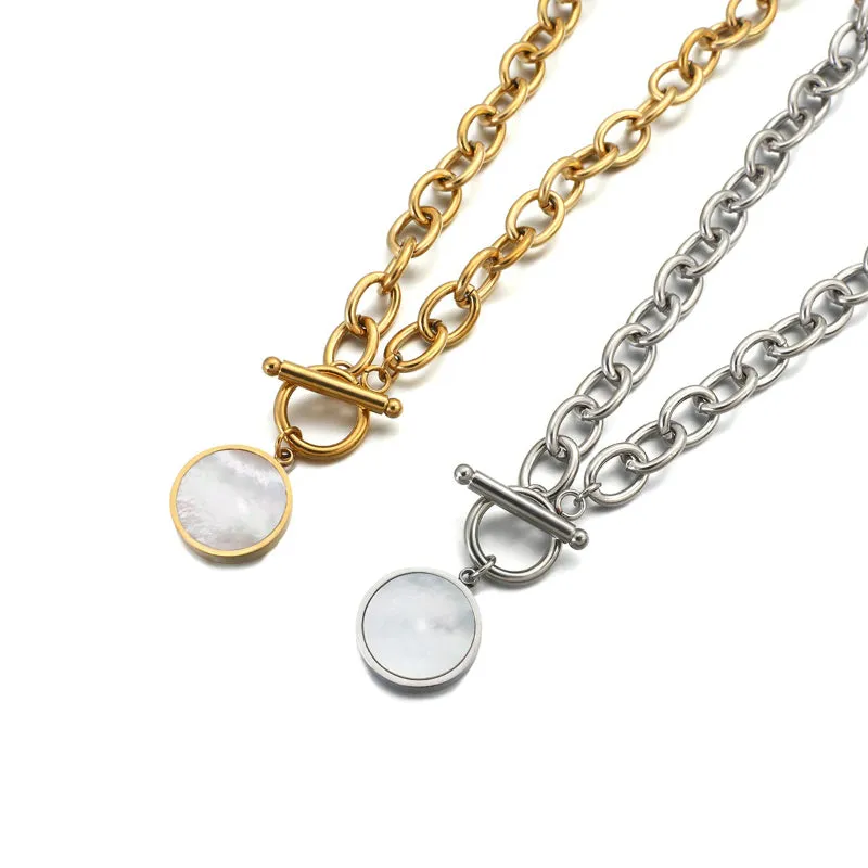 Edgy Fashion Thick Chain with Round Shell Pendant Necklaces