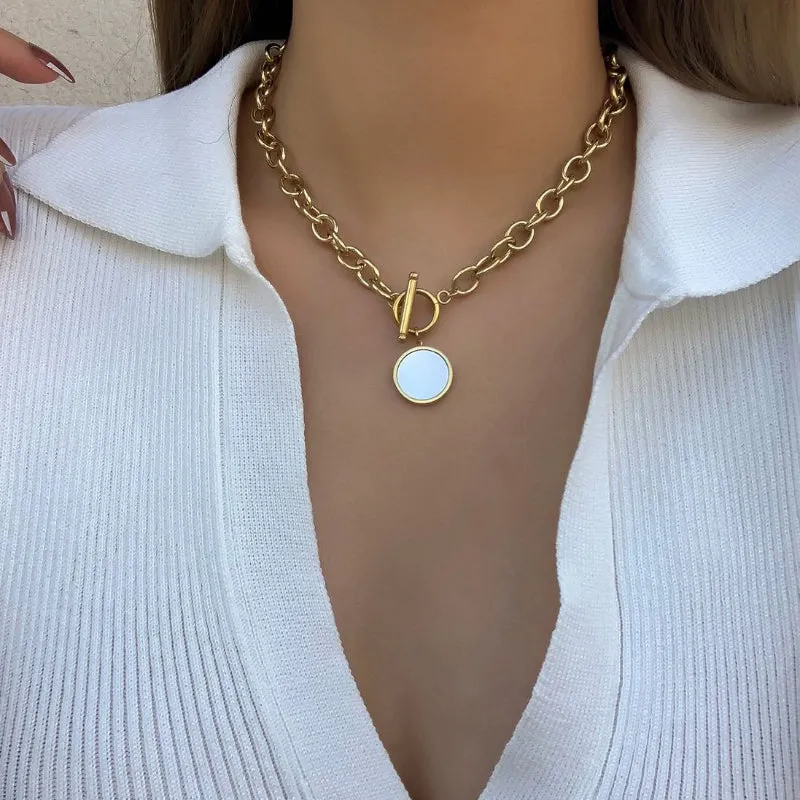 Edgy Fashion Thick Chain with Round Shell Pendant Necklaces
