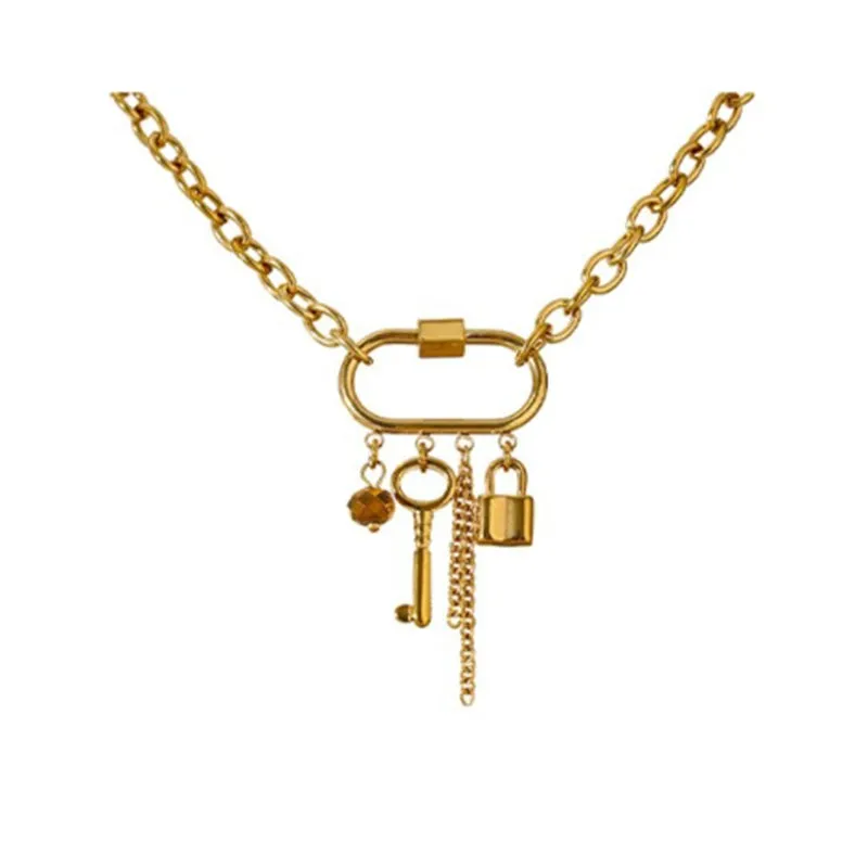 Edgy Rhinestone Key, Tassel, and Lock Pendant Necklace