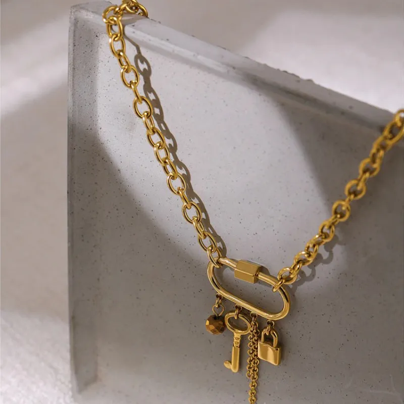 Edgy Rhinestone Key, Tassel, and Lock Pendant Necklace