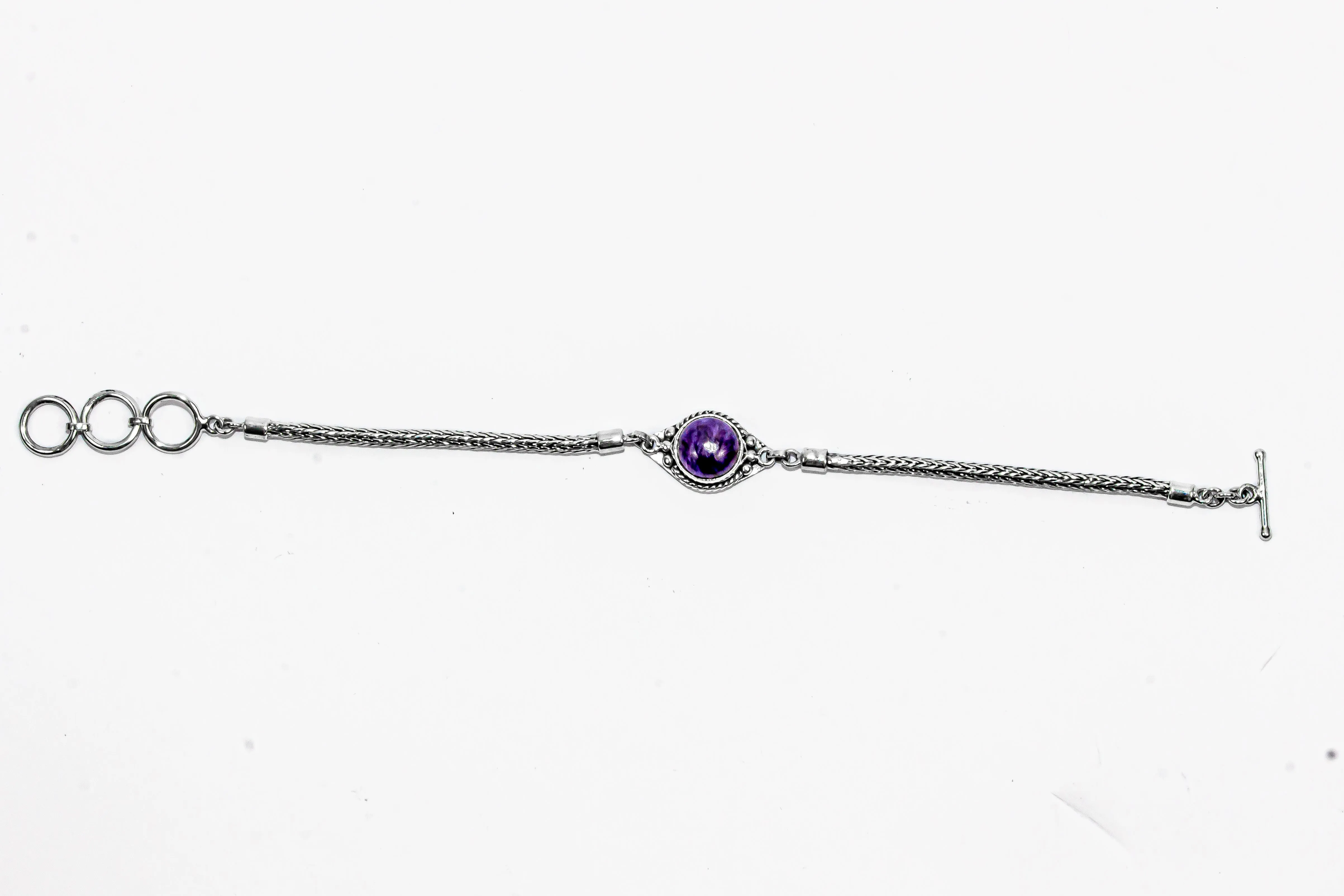 Enchanting Bali Handmade adjustable Tulang Naga Bracelet with Charoite Gemstone in Sterling Silver