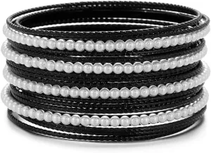 Ensoul Acrylic Pearl-Beads/Glass Seedbeads Mixed Metal Bangles Bracelets for Women Set of 17