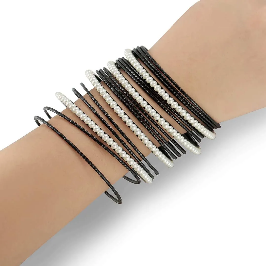 Ensoul Acrylic Pearl-Beads/Glass Seedbeads Mixed Metal Bangles Bracelets for Women Set of 17