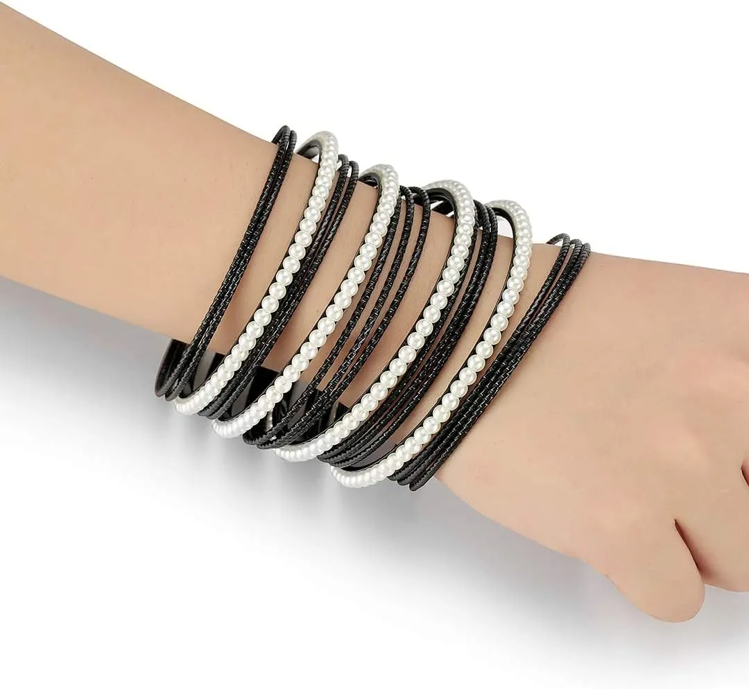Ensoul Acrylic Pearl-Beads/Glass Seedbeads Mixed Metal Bangles Bracelets for Women Set of 17