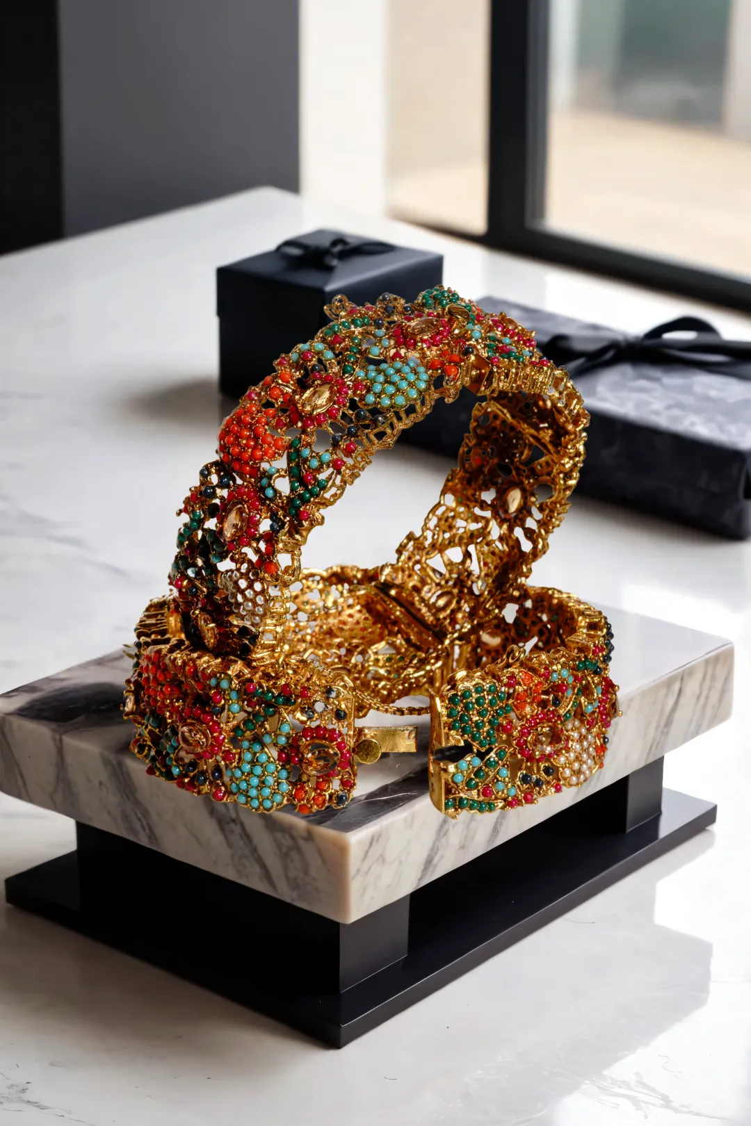 Fariha - Gold Plated Floral Pattern Multicolor Bangles (Set of 2)