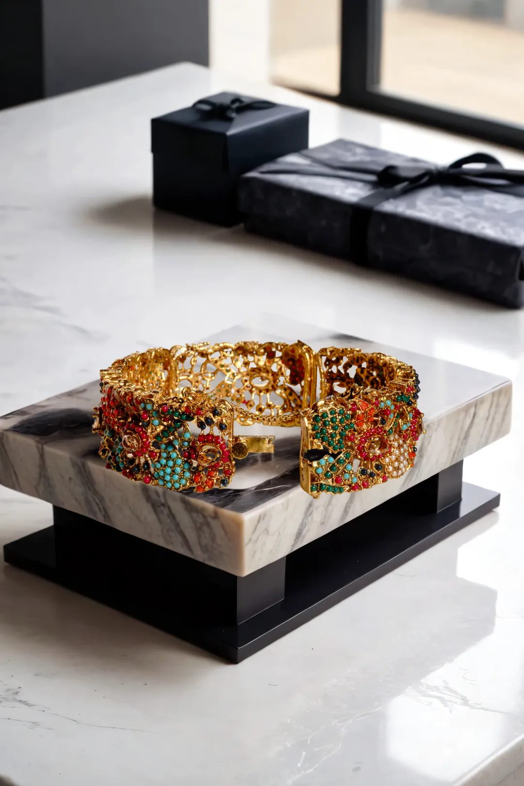 Fariha - Gold Plated Floral Pattern Multicolor Bangles (Set of 2)