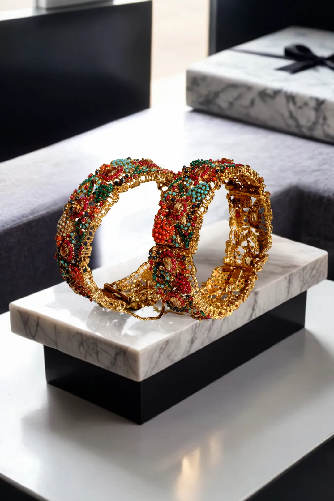 Fariha - Gold Plated Floral Pattern Multicolor Bangles (Set of 2)