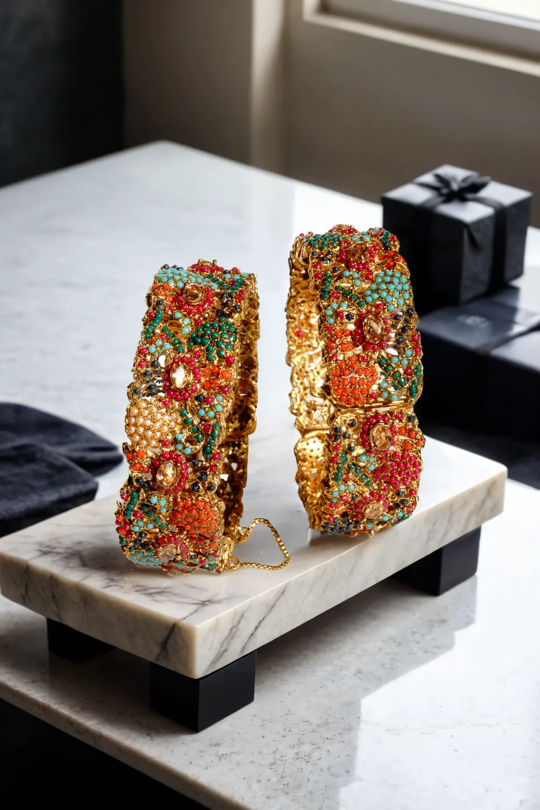 Fariha - Gold Plated Floral Pattern Multicolor Bangles (Set of 2)