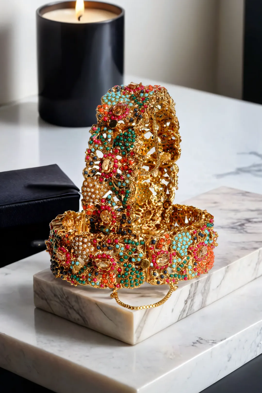 Fariha - Gold Plated Floral Pattern Multicolor Bangles (Set of 2)