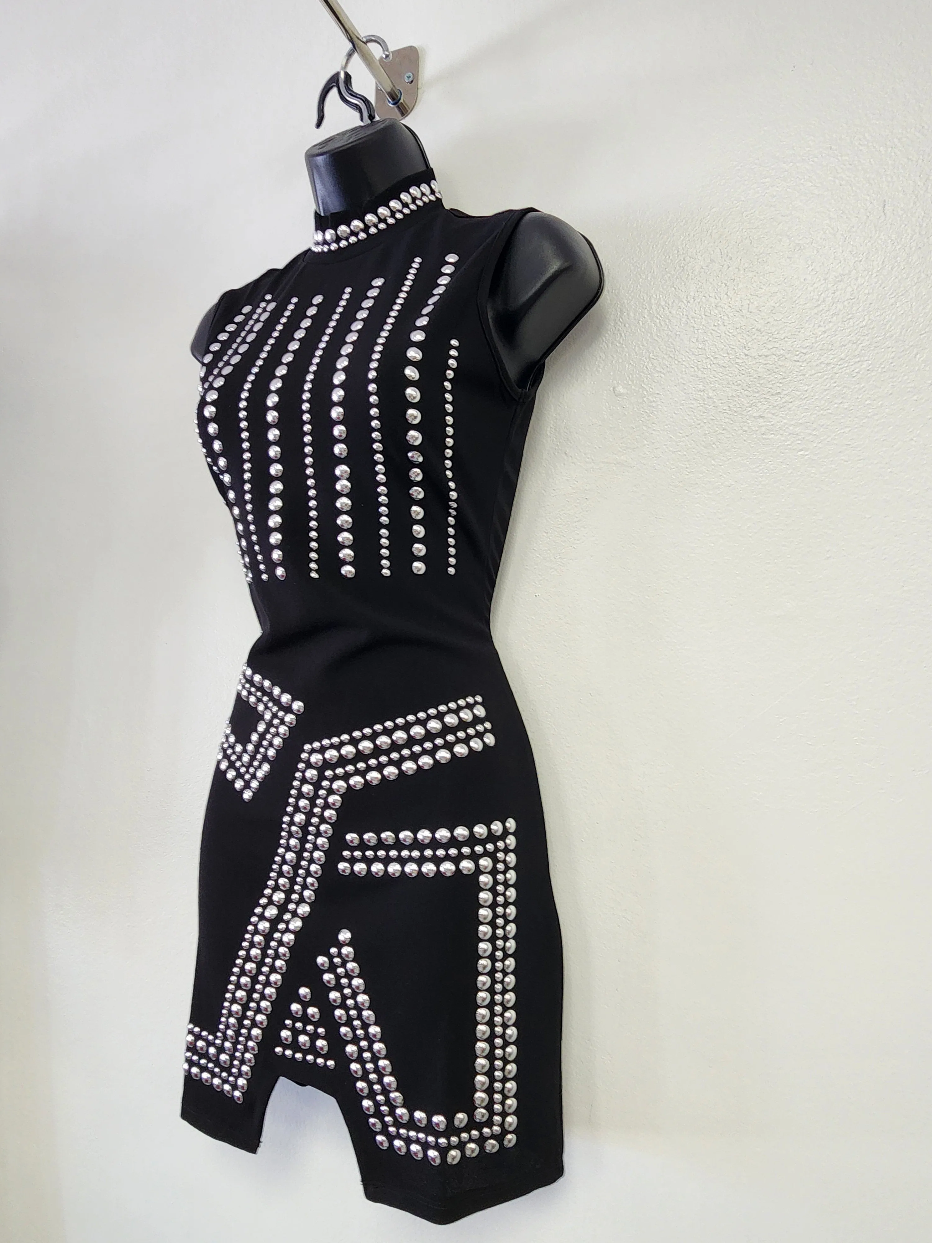 Front Studs Embellished Mock Neck Mini Dress