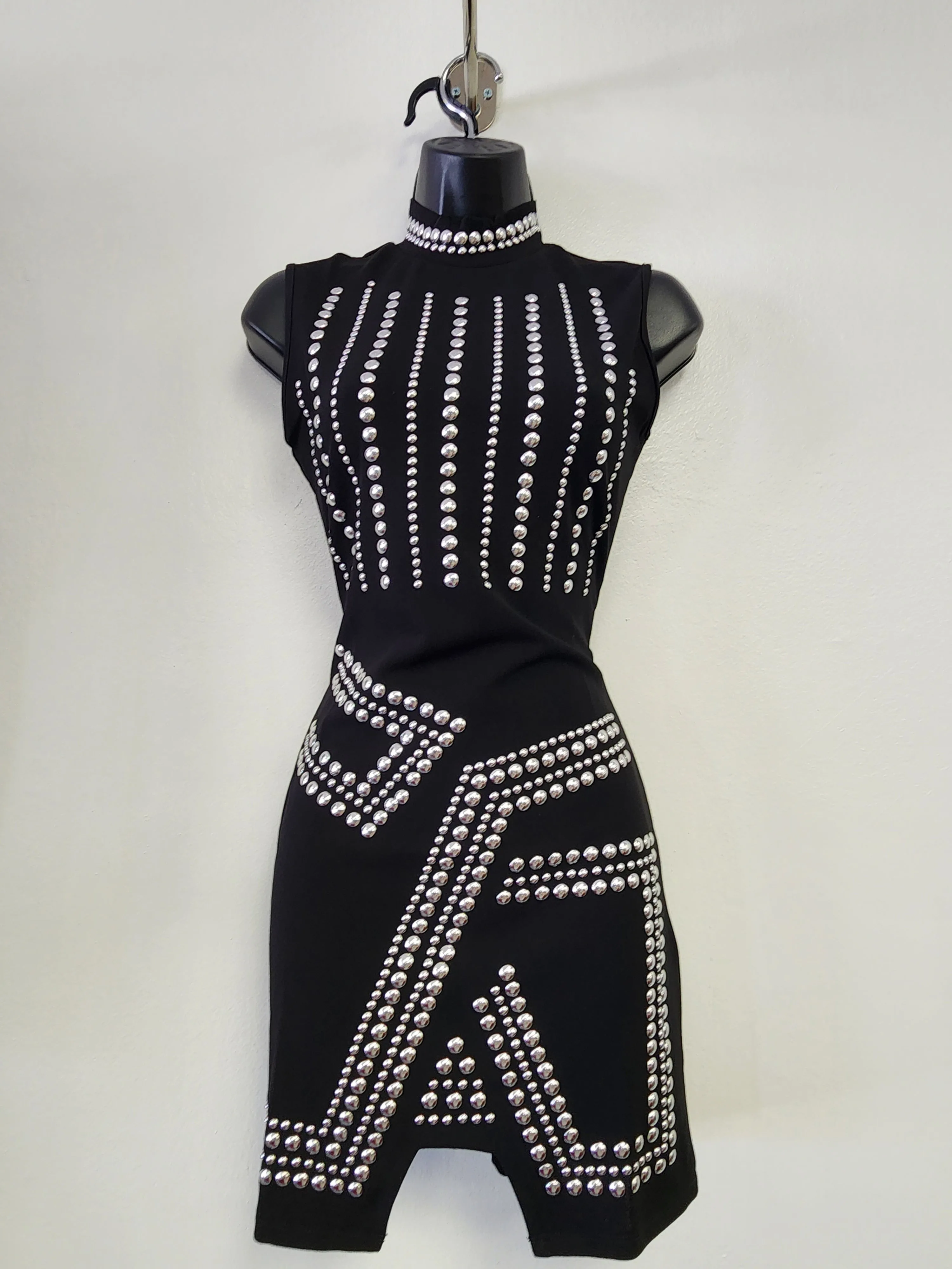 Front Studs Embellished Mock Neck Mini Dress