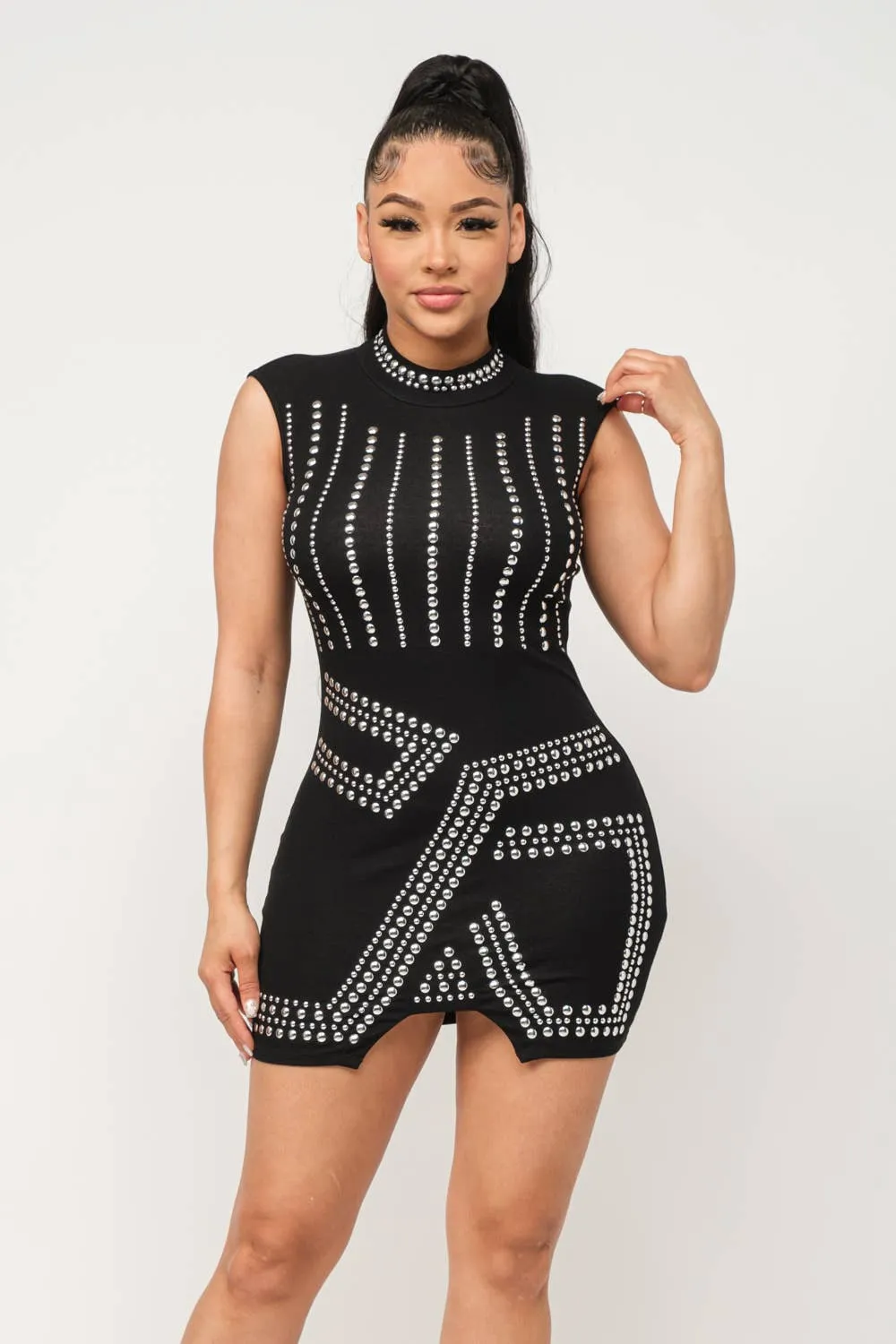 Front Studs Embellished Mock Neck Mini Dress