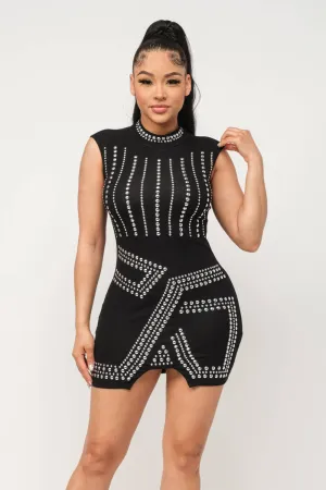 Front Studs Embellished Mock Neck Mini Dress
