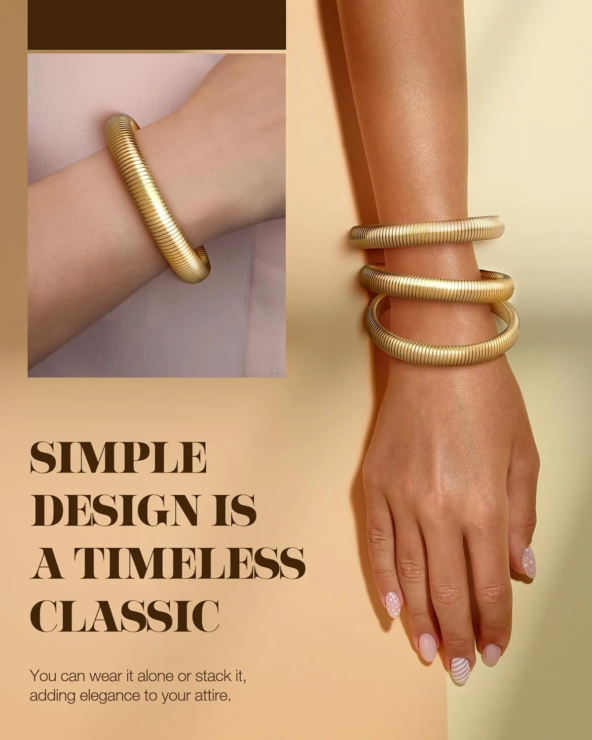 Gold Bangle Bracelets for Women Chunky Stretch Bracelet Set Stackable Bangles 14K Gold Plated Stainless Steel 10mm 16mm 20mm