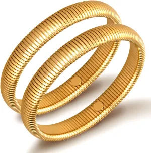 Gold Bangle Bracelets for Women Chunky Stretch Bracelet Set Stackable Bangles 14K Gold Plated Stainless Steel 10mm 16mm 20mm