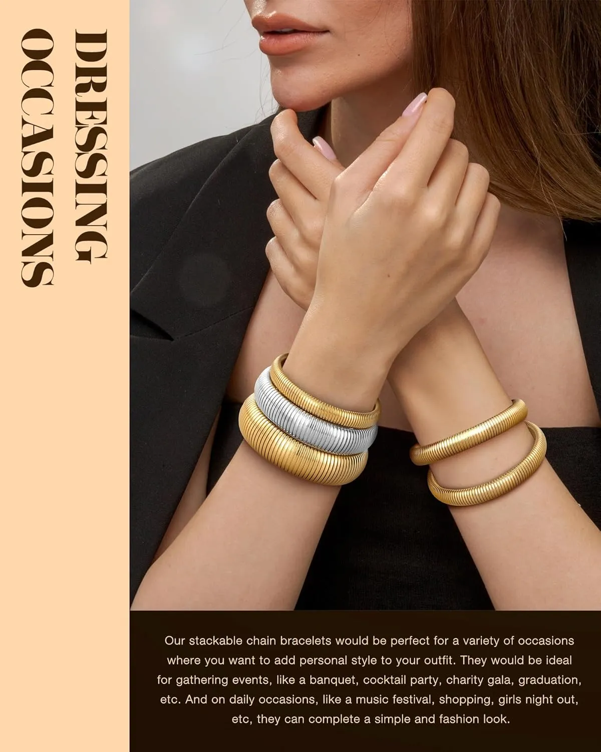 Gold Bangle Bracelets for Women Chunky Stretch Bracelet Set Stackable Bangles 14K Gold Plated Stainless Steel 10mm 16mm 20mm