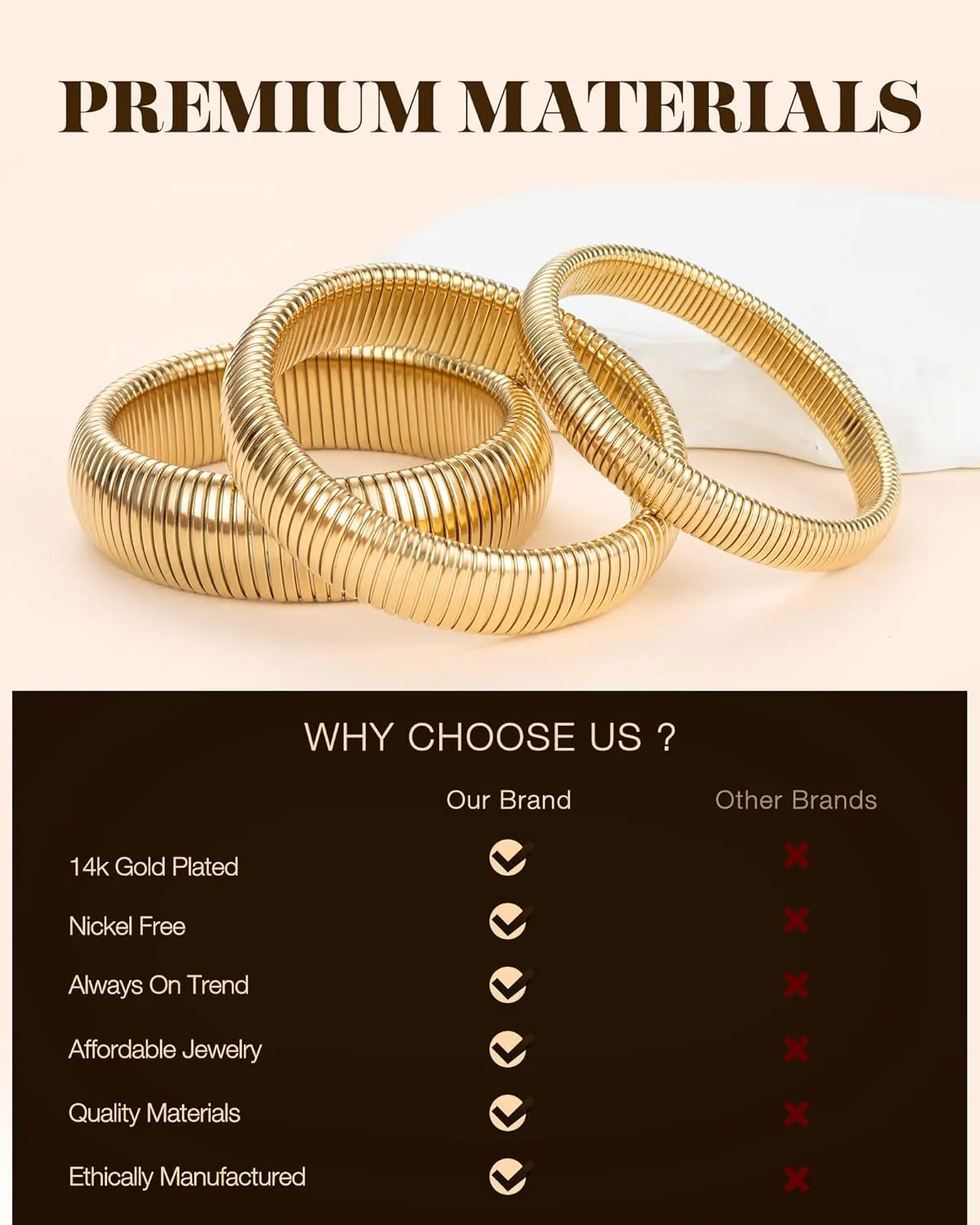 Gold Bangle Bracelets for Women Chunky Stretch Bracelet Set Stackable Bangles 14K Gold Plated Stainless Steel 10mm 16mm 20mm