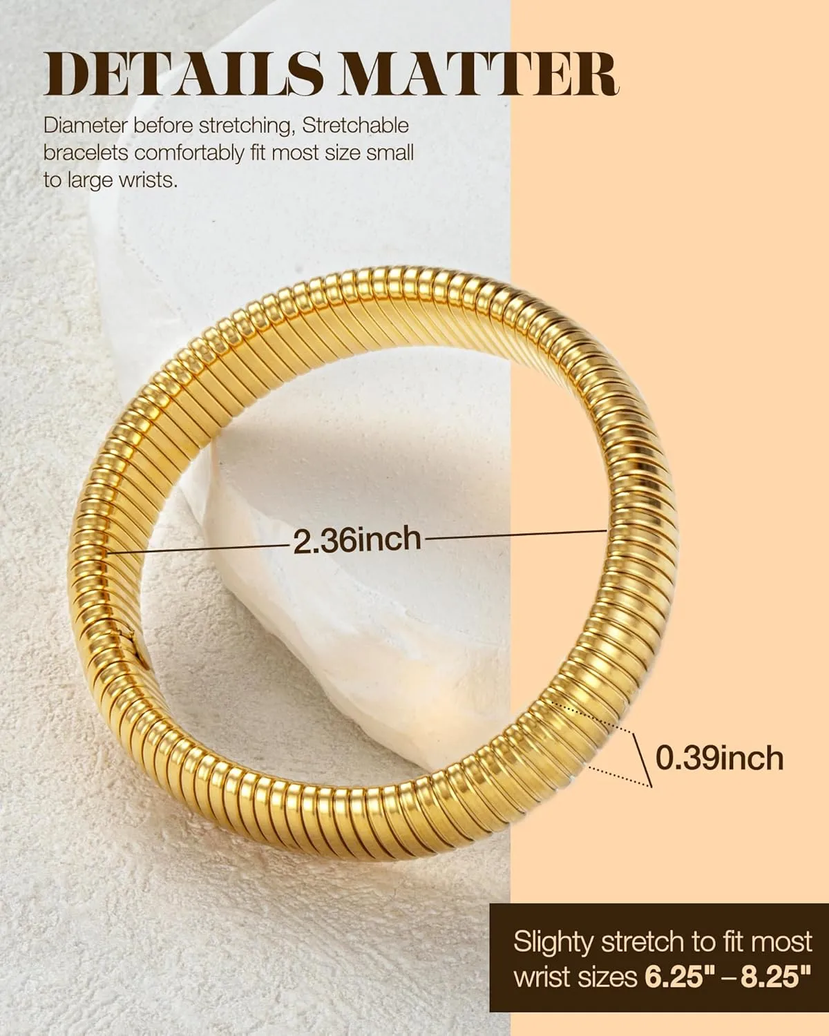 Gold Bangle Bracelets for Women Chunky Stretch Bracelet Set Stackable Bangles 14K Gold Plated Stainless Steel 10mm 16mm 20mm