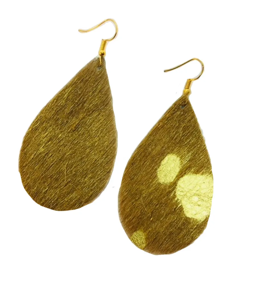 Gold Hair On Hide Leather Teardrop Earrings