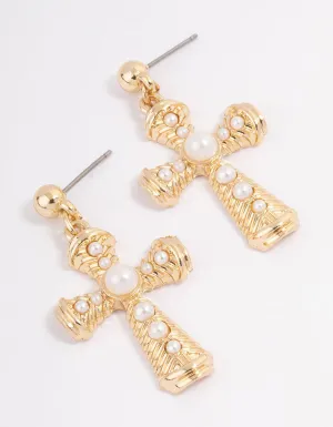 Gold Ornate Pearl Cross Drop Earrings
