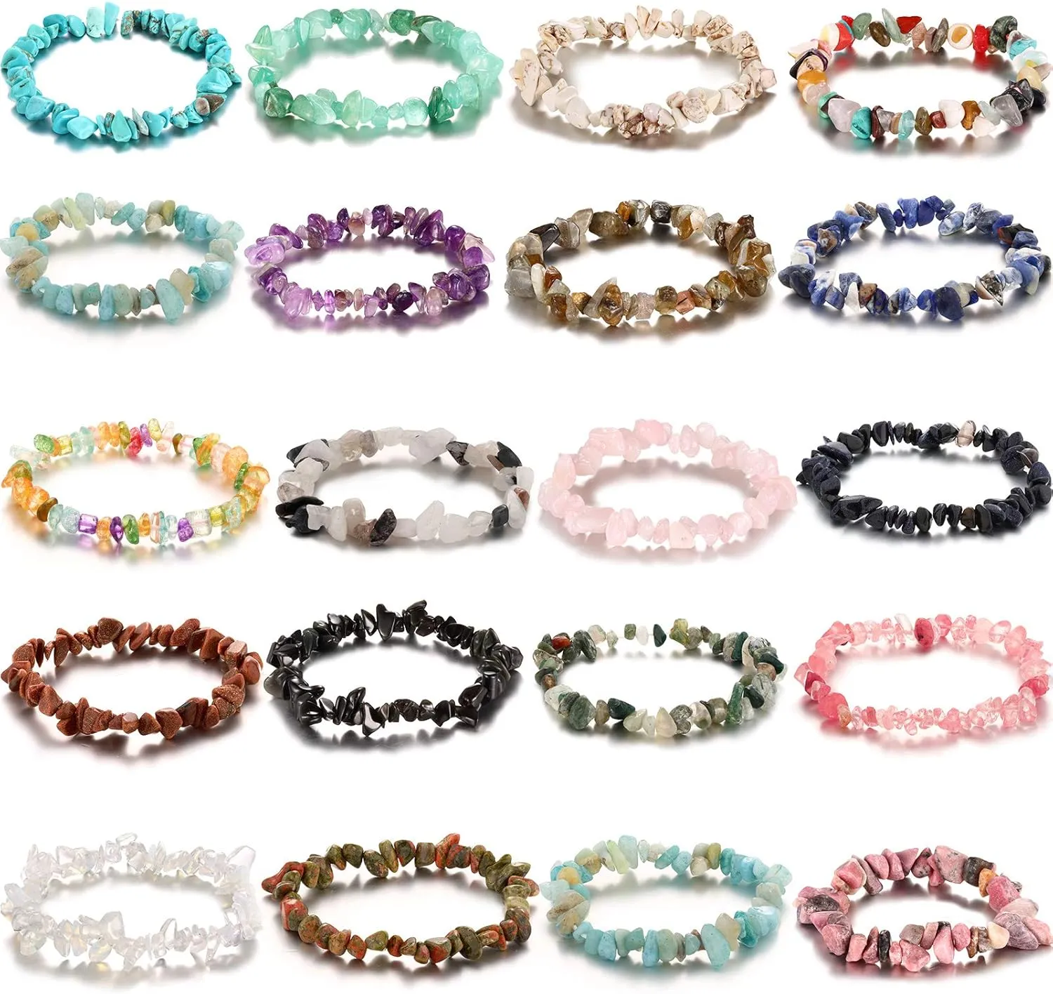 Hicarer 20 Pieces Crystal Stretch Chip Bracelets Bulk Natural Gemstone Chakra Bracelets for Women Reiki Yoga Anxiety