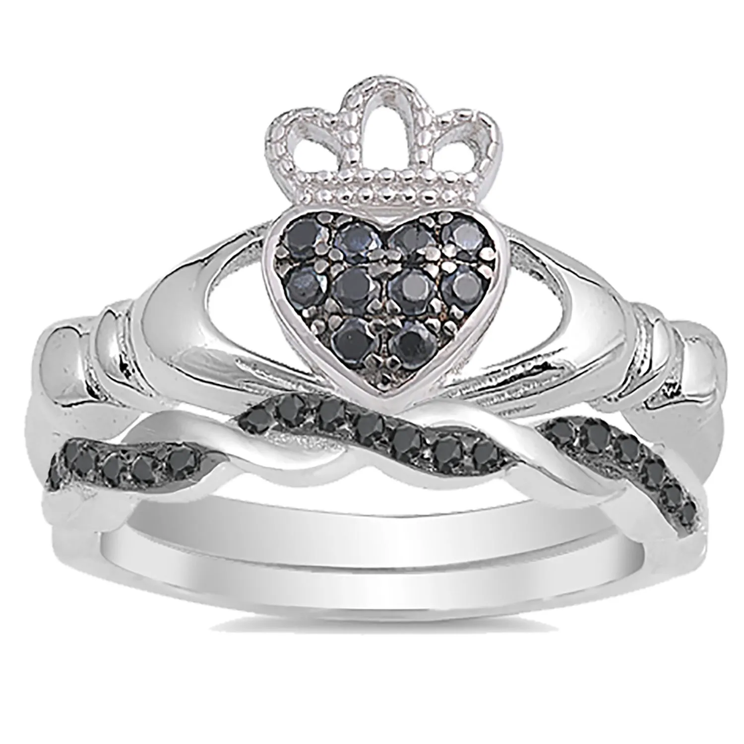 His and Her Black CZ Wedding Rings Set Claddagh Celtic Wedding Bands Women Men