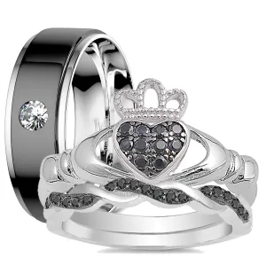 His and Her Black CZ Wedding Rings Set Claddagh Celtic Wedding Bands Women Men