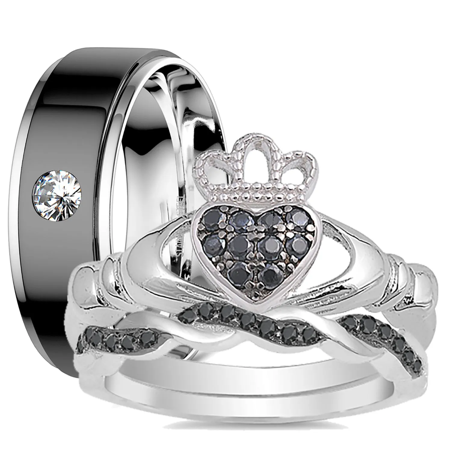 His and Her Black CZ Wedding Rings Set Claddagh Celtic Wedding Bands Women Men