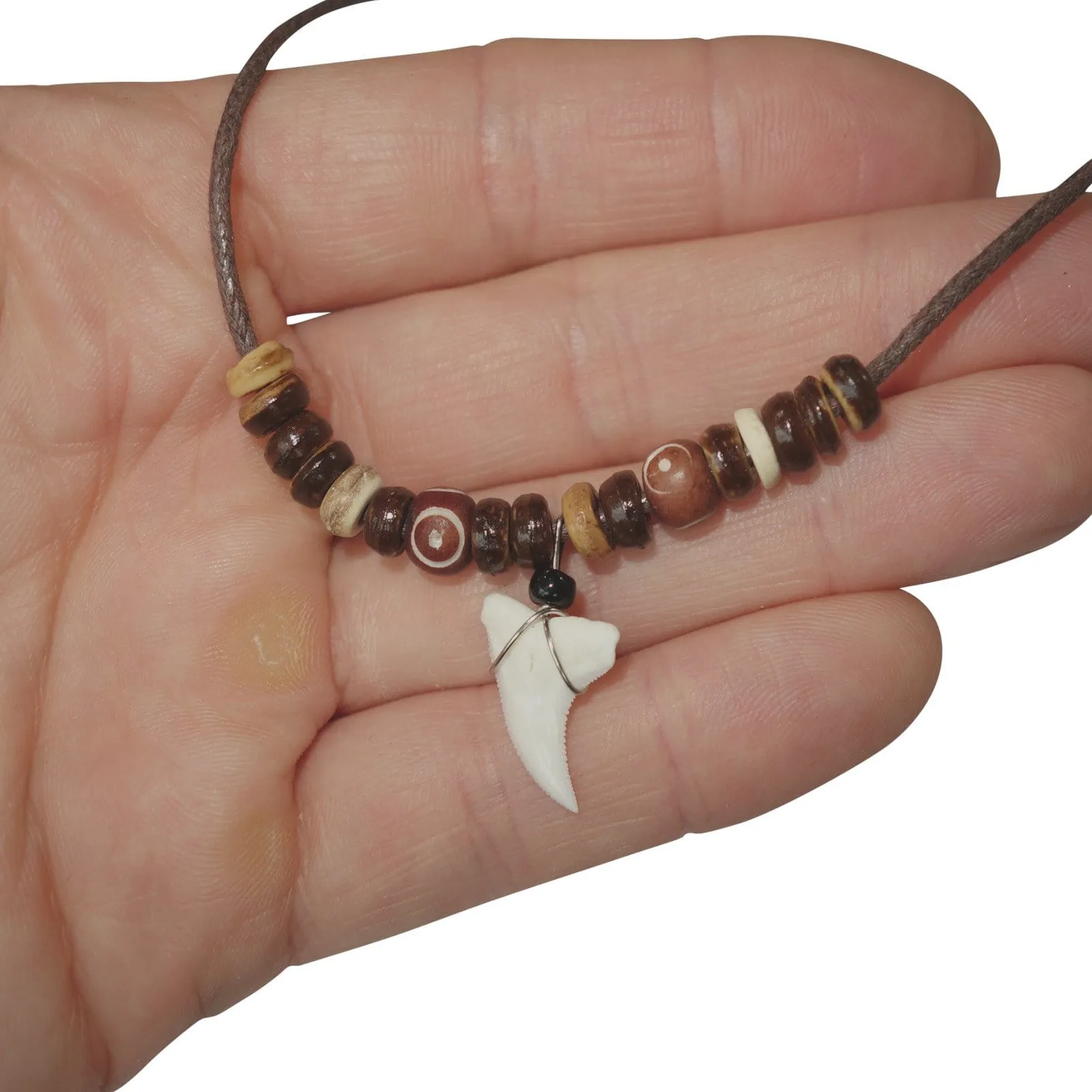 Imitation Resin Shark Tooth Pendant Brown Cord Chain Wooden Beads Surfer Necklace Mens Jewellery