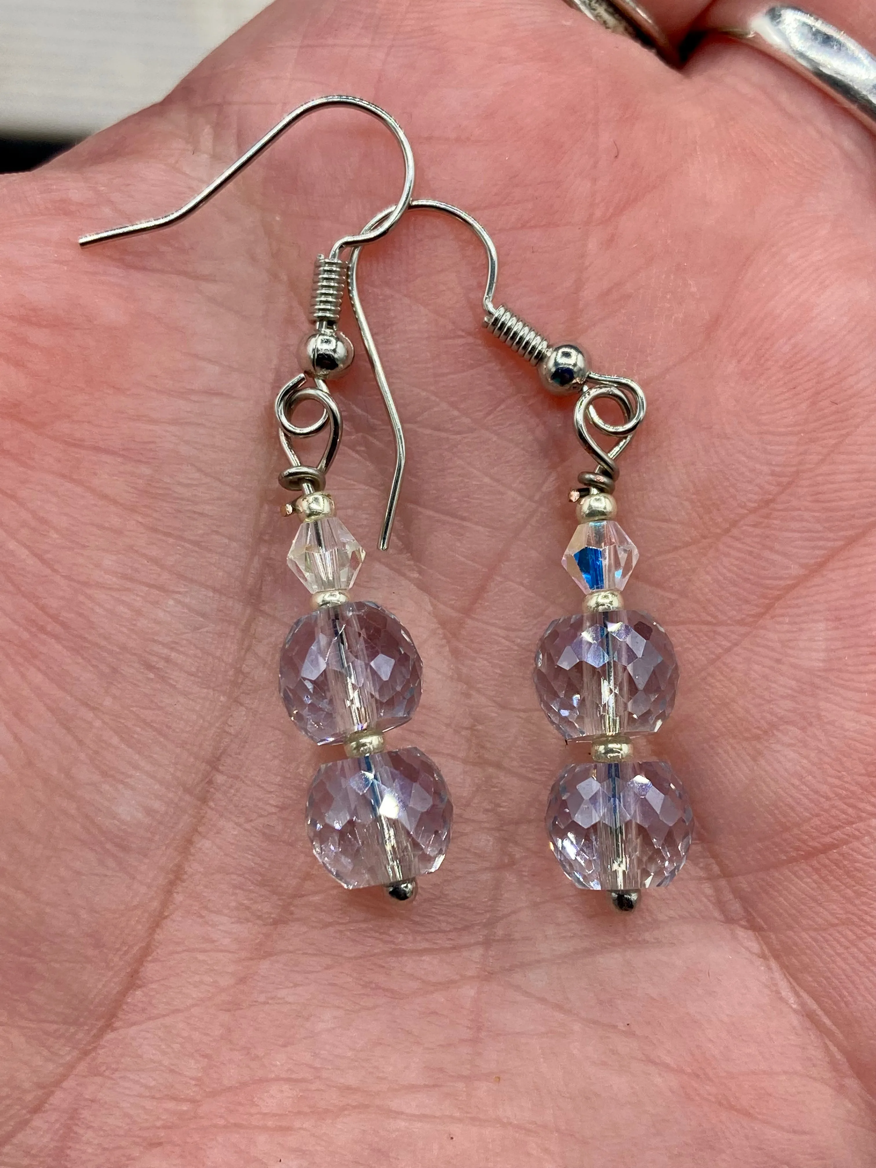 Iridescent And Silver Glass Beaded Earrings, Shabby Boho Chic