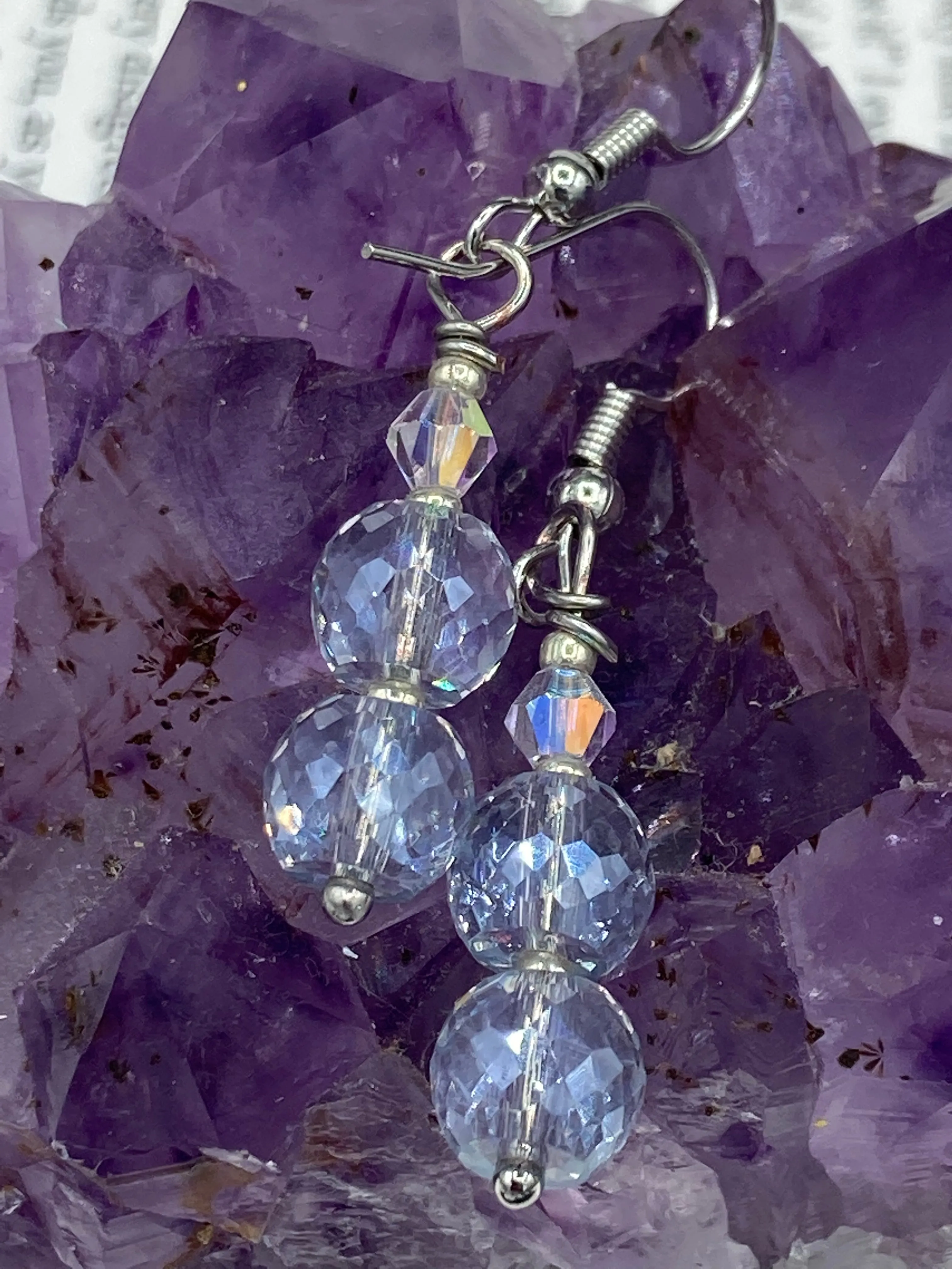 Iridescent And Silver Glass Beaded Earrings, Shabby Boho Chic