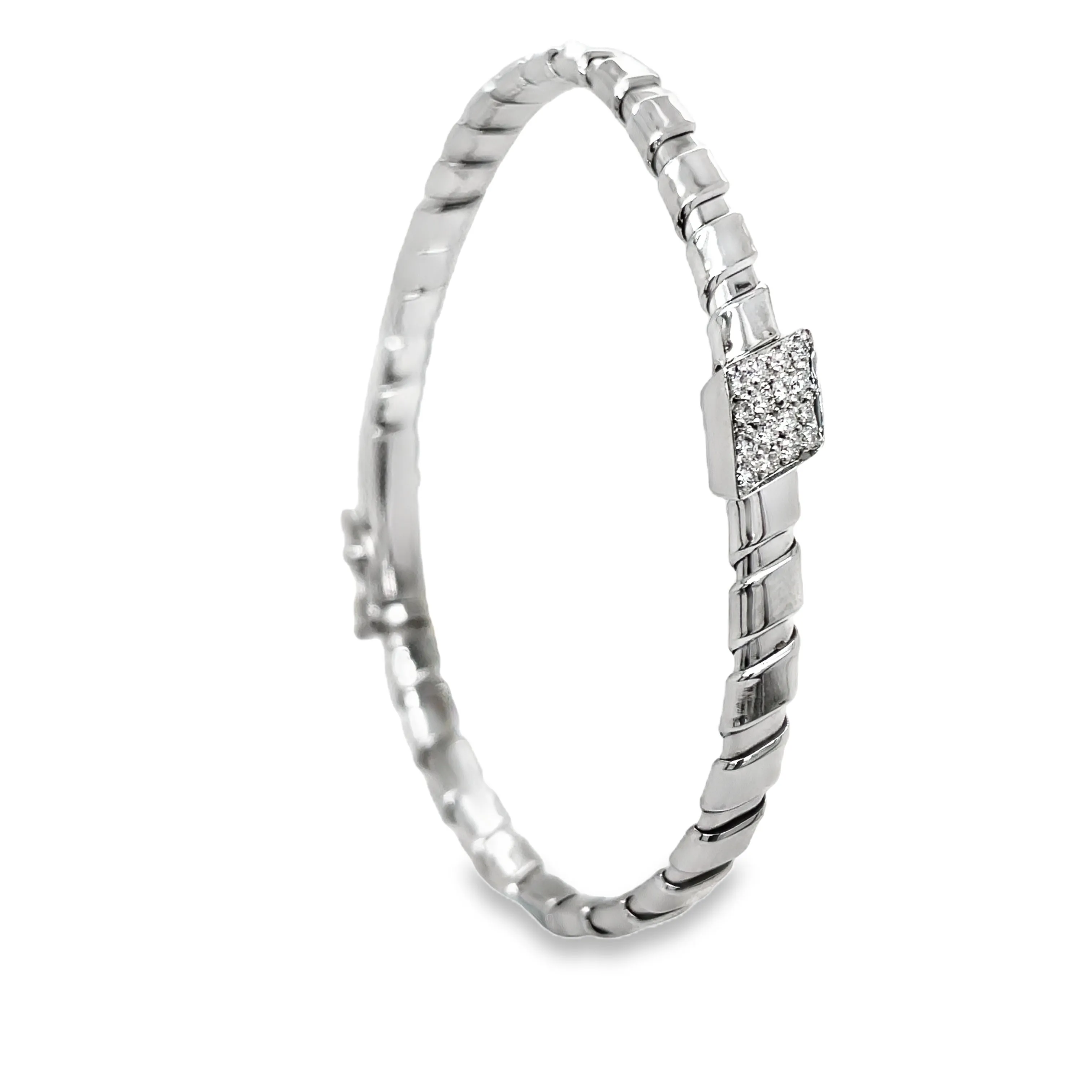 Italian Two Tone Diamond Flexible Ridged White Gold Bangle Bracelet