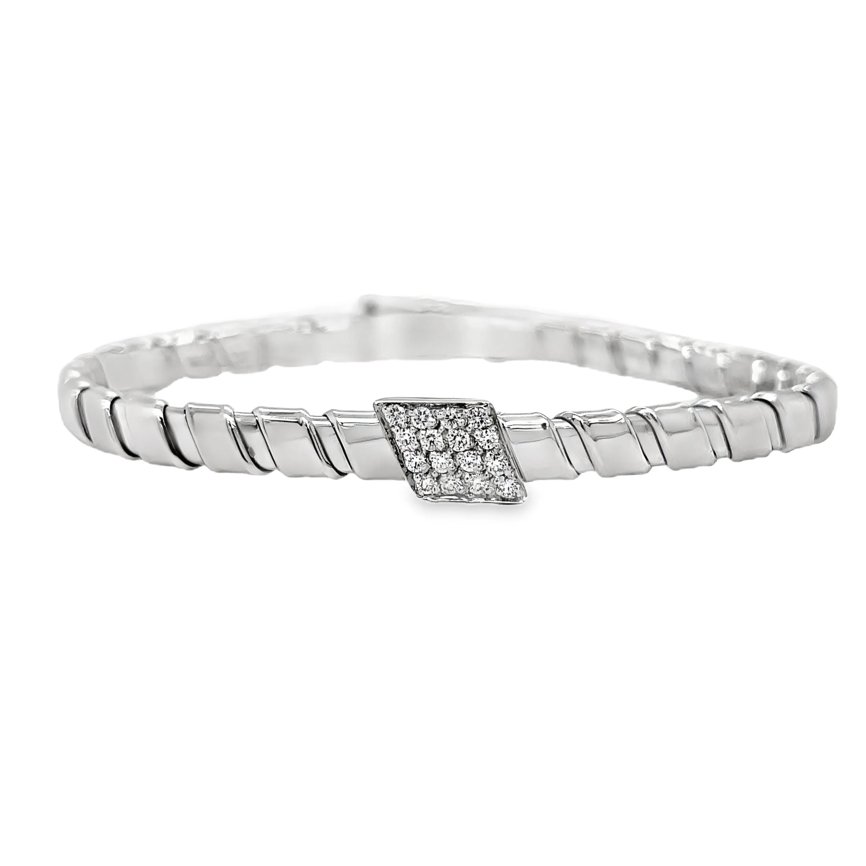 Italian Two Tone Diamond Flexible Ridged White Gold Bangle Bracelet