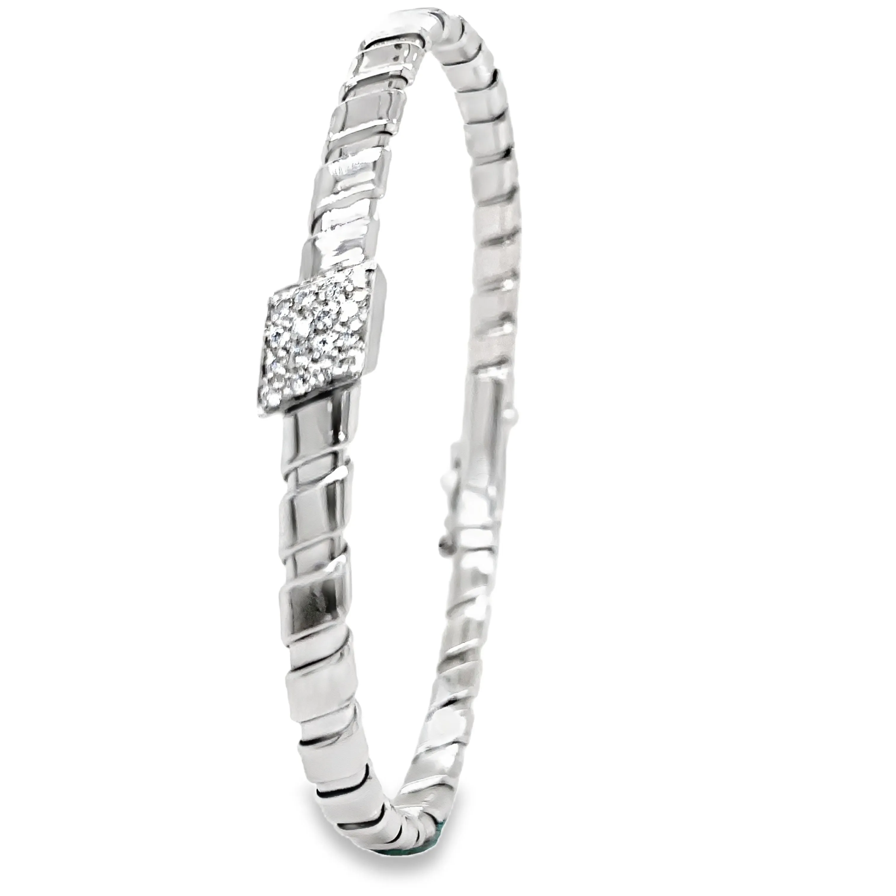 Italian Two Tone Diamond Flexible Ridged White Gold Bangle Bracelet