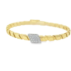 Italian Two Tone Diamond Flexible Ridged Yellow Gold Bangle Bracelet