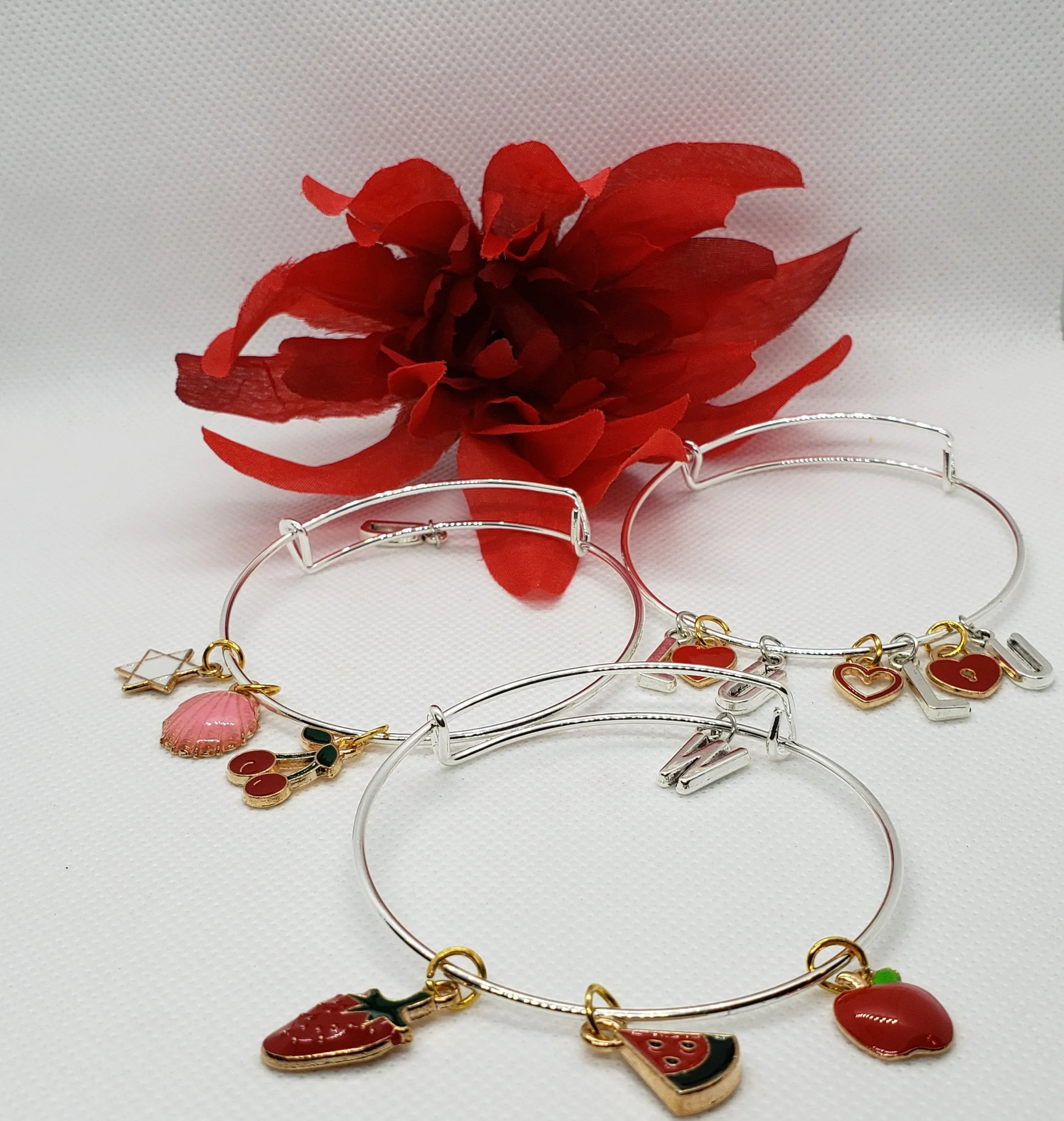 La Belle Fantastique Stainless Steel/ Rose Gold Expandable Bangle Bracelets | Adjustable Bracelet | Charm Pendants | Lettering Charms