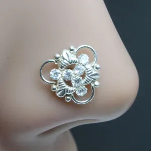 Latest Design Sterling Silver Nose pin with White Shiny Stones for women with Push Pin