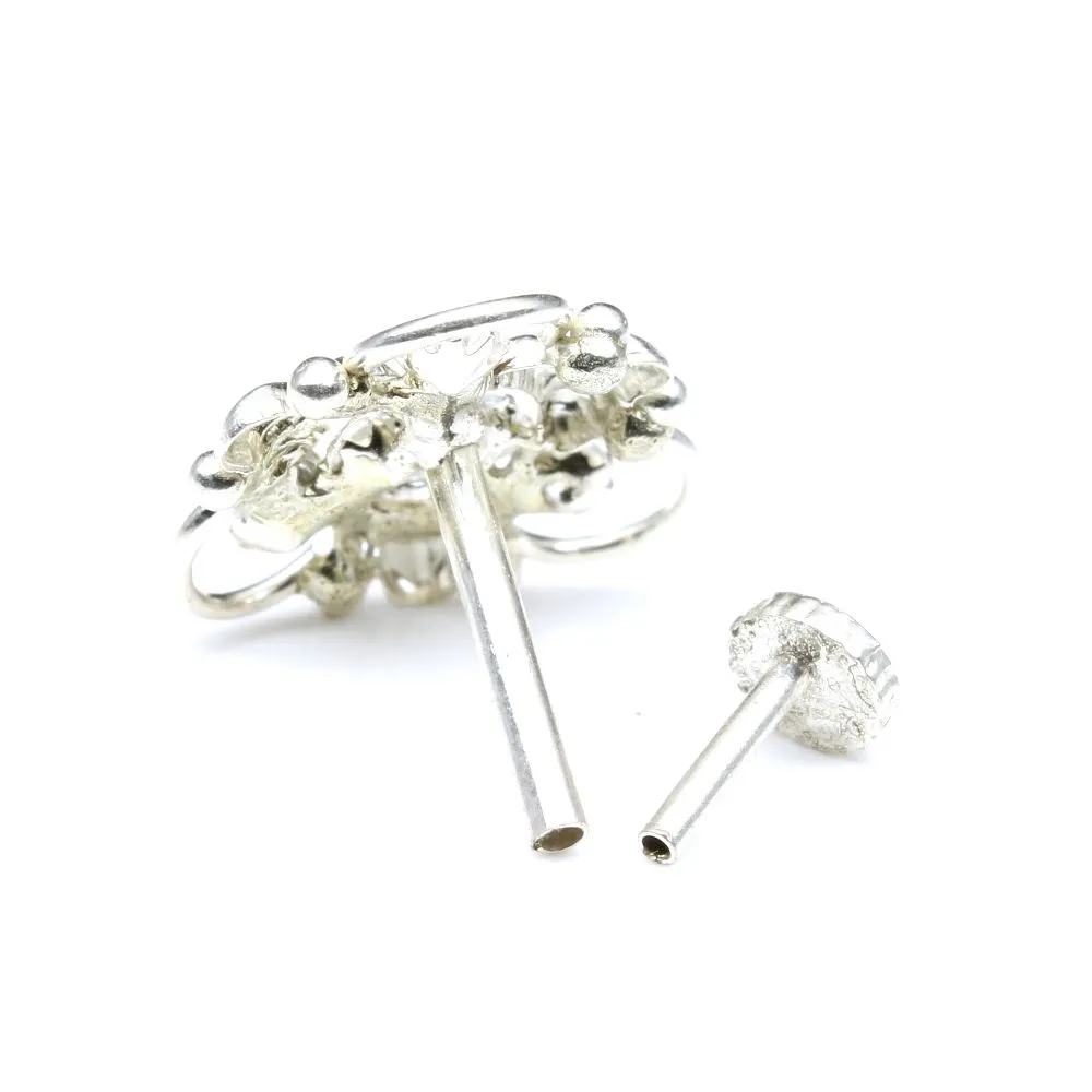 Latest Design Sterling Silver Nose pin with White Shiny Stones for women with Push Pin