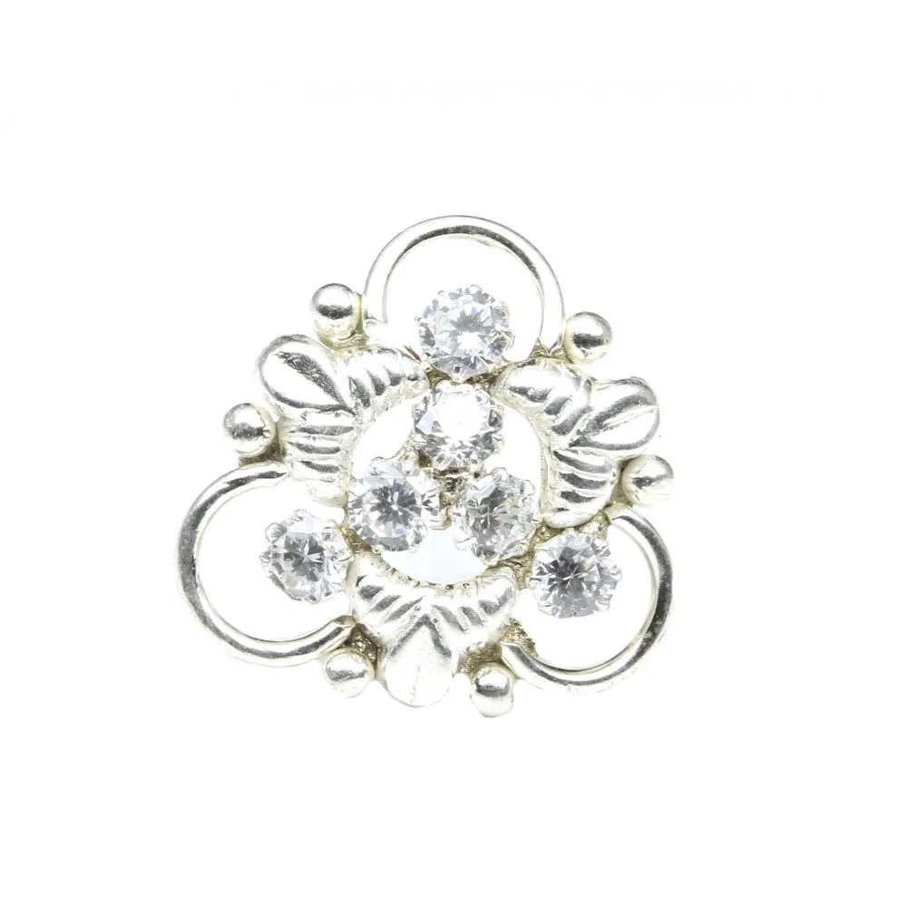 Latest Design Sterling Silver Nose pin with White Shiny Stones for women with Push Pin