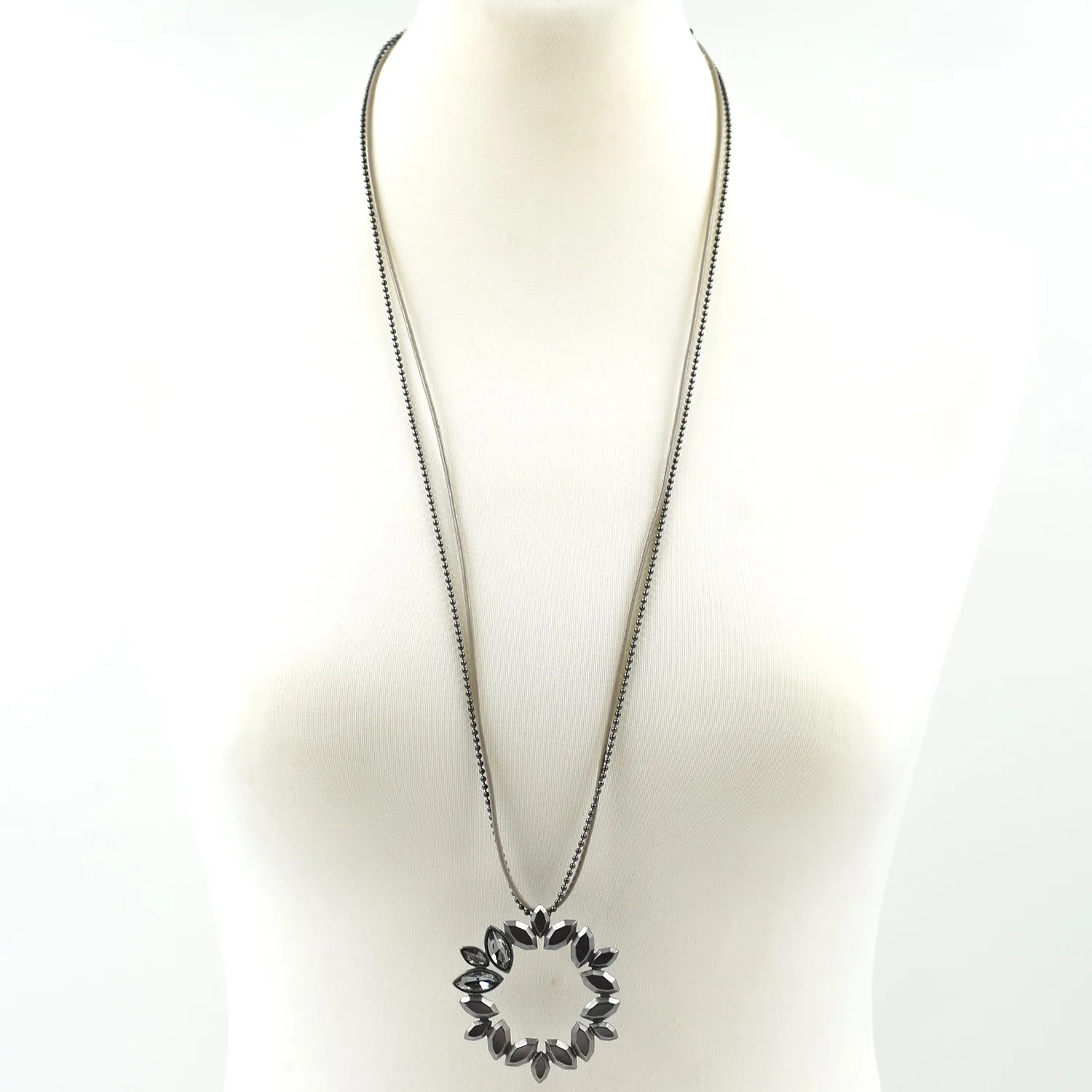 Leather & ball chain long necklace w/circle petal pendant